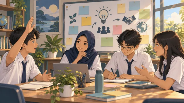 Ilustrasi pengurus organisasi siswa berdiskusi dan mencatat pembagian tugas.