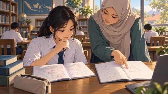 Ilustrasi siswi meninjau koreksi latihan bersama guru di perpustakaan.