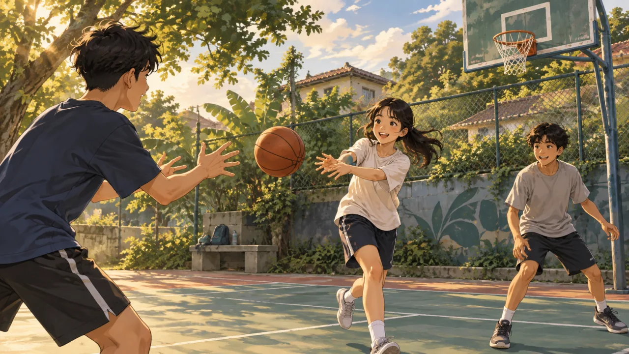 Ilustrasi tiga remaja bermain operan bola basket di lapangan lingkungan rumah.