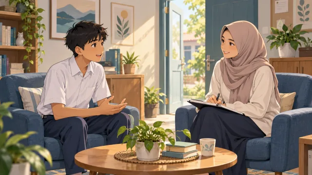 Ilustrasi siswa berbicara dengan guru pendamping dalam suasana yang ramah.