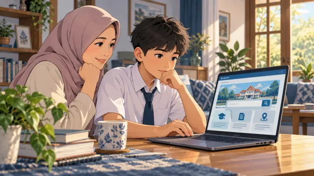 Ilustrasi orang tua dan siswa mencari informasi sekolah melalui laptop.