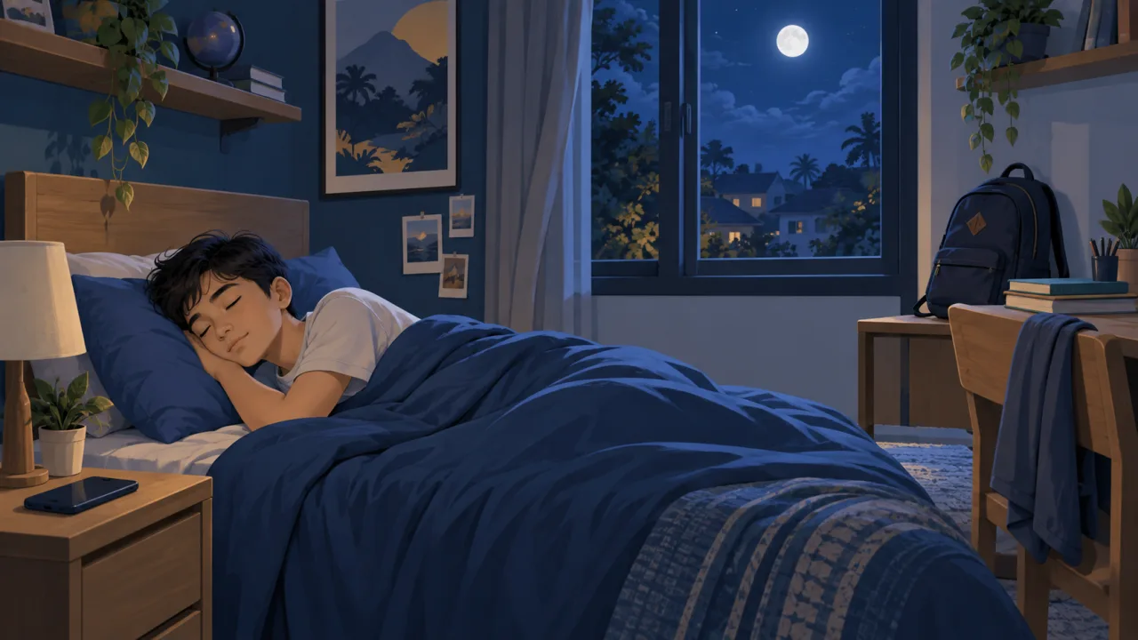 Ilustrasi remaja tidur nyenyak, dengan buku dan tas sekolah yang sudah disiapkan.