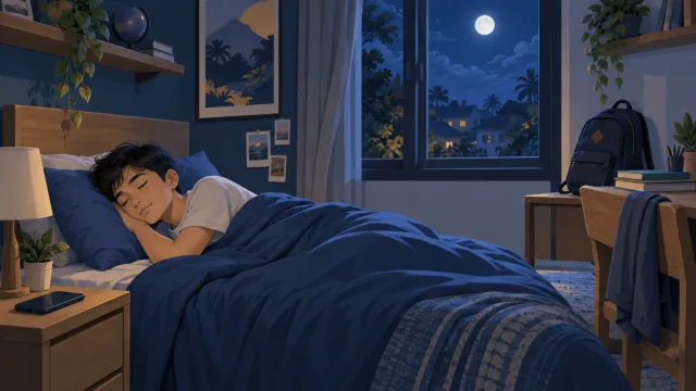 Ilustrasi remaja tidur nyenyak, dengan buku dan tas sekolah yang sudah disiapkan.