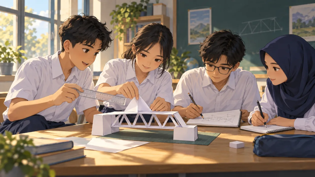 Ilustrasi empat siswa berbagi tugas saat membuat model jembatan kertas.