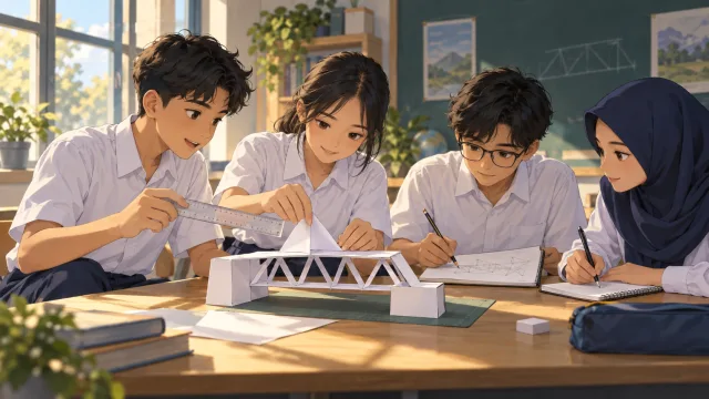 Ilustrasi empat siswa berbagi tugas saat membuat model jembatan kertas.