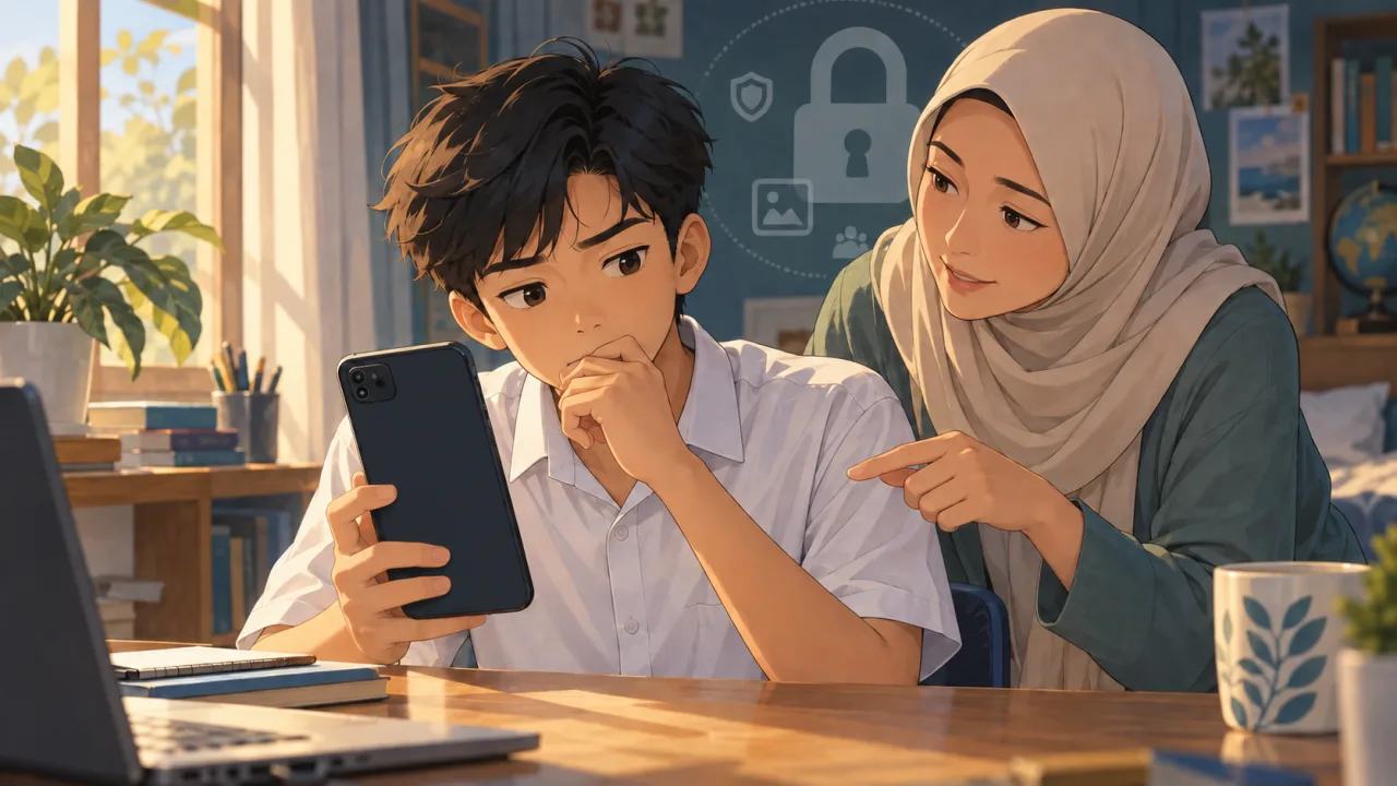 Ilustrasi remaja mempertimbangkan unggahan ponsel dengan pendampingan orang tua.