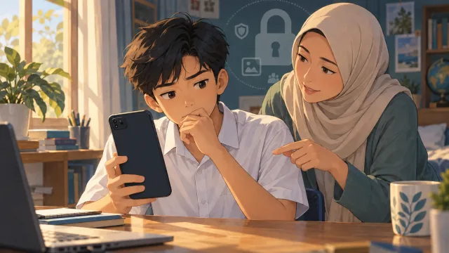Ilustrasi remaja mempertimbangkan unggahan ponsel dengan pendampingan orang tua.