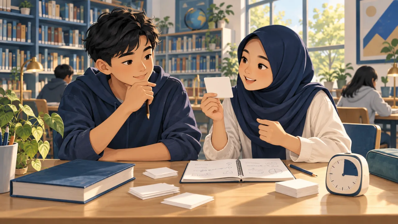 Ilustrasi dua siswa berlatih mengingat pelajaran menggunakan kartu pertanyaan.