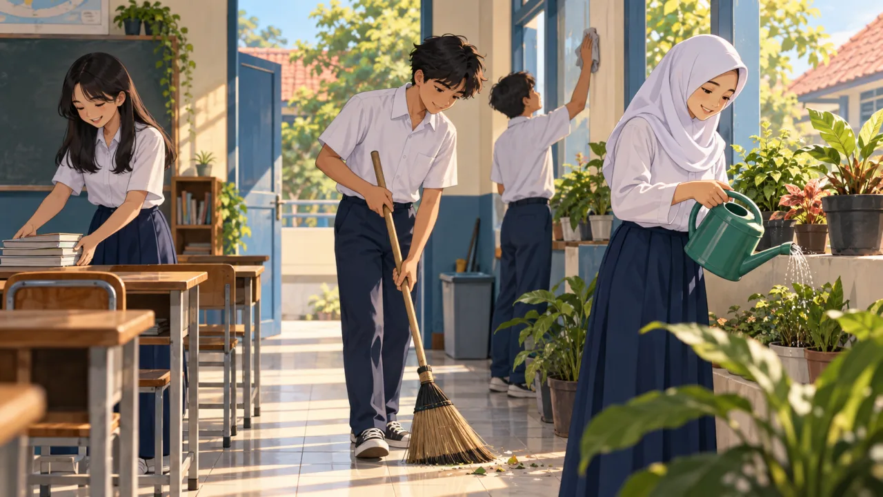 Ilustrasi siswa berbagi tugas merapikan kelas dan merawat tanaman.