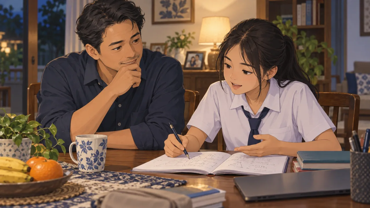 Ilustrasi ayah mendampingi putrinya menjelaskan pekerjaan di buku sekolah.