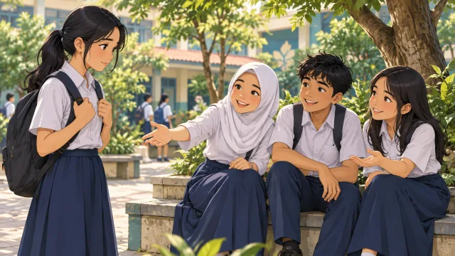 Ilustrasi sekelompok siswa mengajak teman bergabung dengan ramah di halaman sekolah.