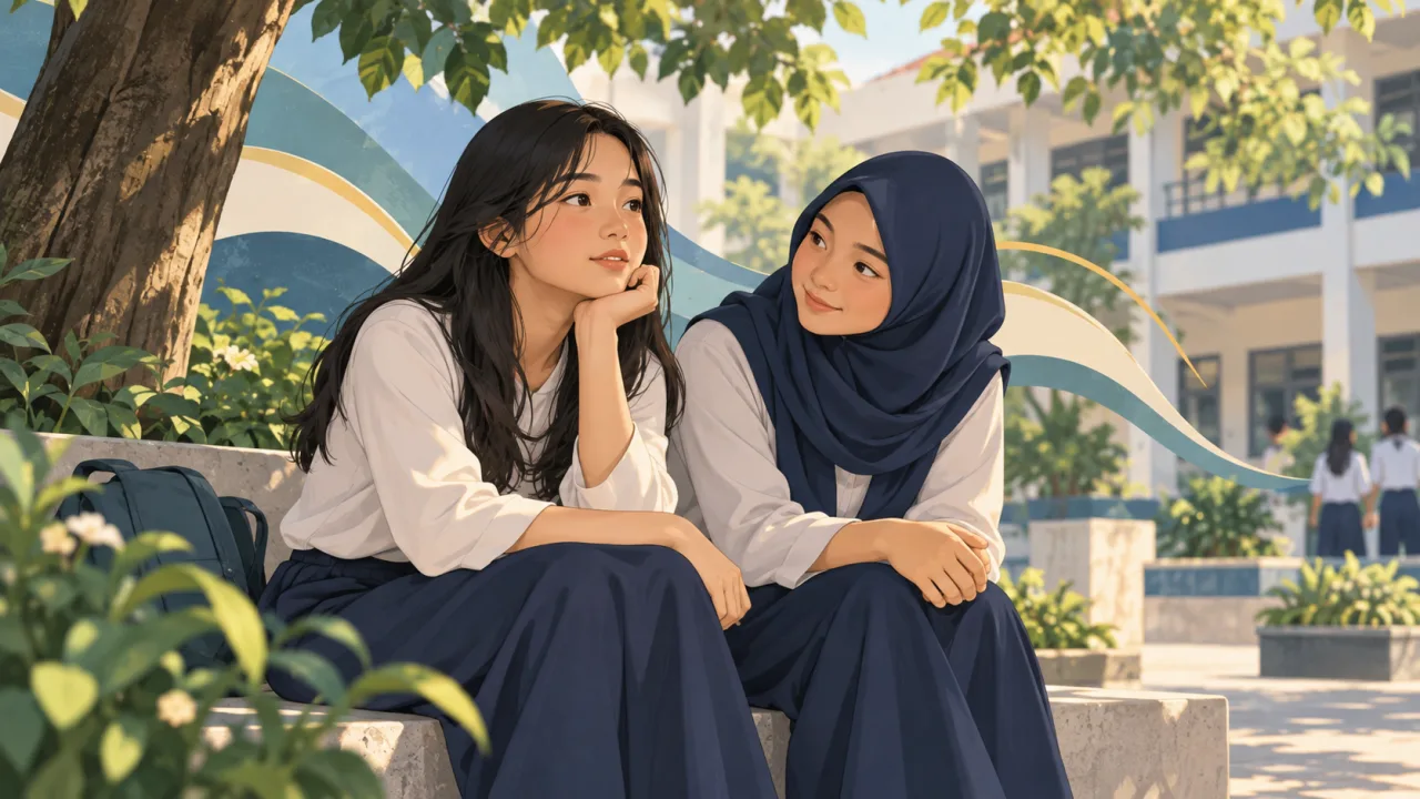 Ilustrasi dua siswi berbincang dan saling mendengarkan di halaman sekolah.