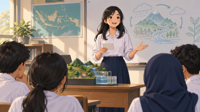Ilustrasi siswi berlatih presentasi di depan beberapa teman yang mendukung.