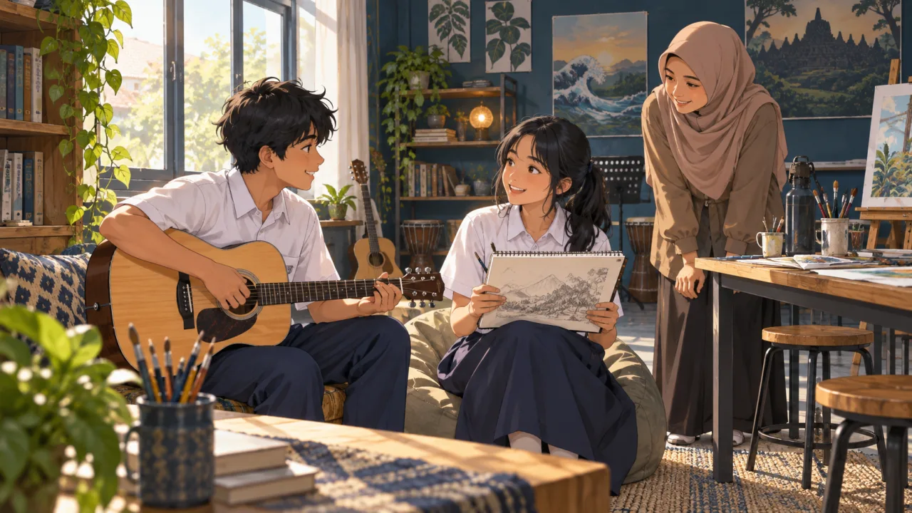 Ilustrasi siswi mengeksplorasi minat menggambar dan musik bersama pendamping.